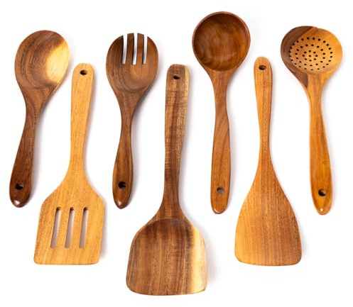 Ensemble d'ustensiles de cuisine de 7 pièces pour la cuisson 30 cm | Fabriqué à partir de bois d'acacia durable de qualité supérieure | Comprenant des cuillères de service, un set de spatules, une