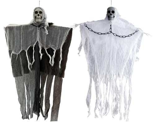 GWAWG 2 Pack 85cm Hängende Skelett Halloween Dekoration, Spooky Halloween Skelett Geist in Kette Poseable Hände, Hanging Sensenmann Outdoor Skelett Dekoration für Halloween Party Haunted House