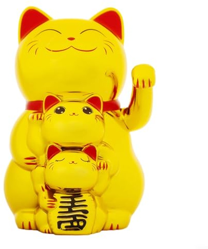 HOHOVYVY Winkekatze solar，Solarbetriebene, automatisch winkende Glückskatze als Kassierer-Ornament für eine dreiköpfige Familie(Gold)