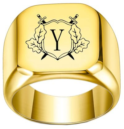 PAURO Edelstahl Personalisierte Quadratische Initiale Alphabet A bis Z Ring für Herren Damen Gold Y Größe 75 (23.9)
