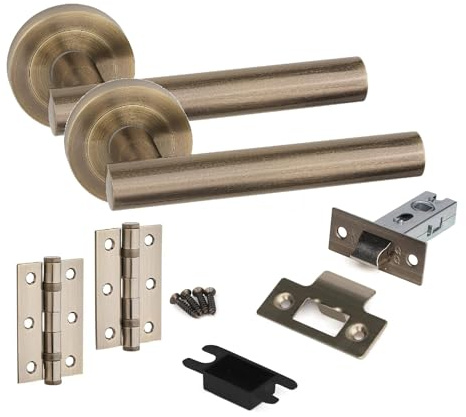 Golden Grace T-Bar Handle, Latch & Hinge Set, Antique Brass, 1 Set | Includes 63mm tubular latch and 3 ball bearing hinges to update any interior door while providing a reliable grip.