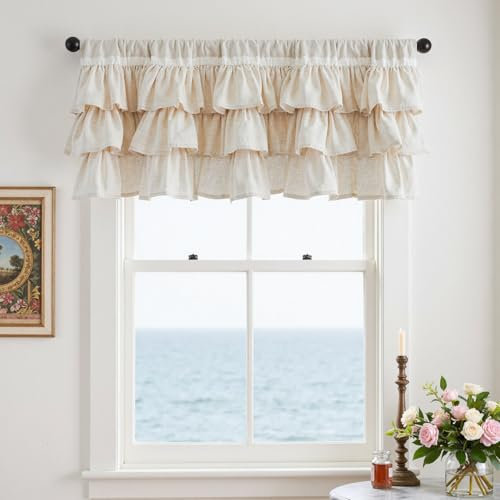 TOPICK, tenda bistrot da cucina beige e lino, con coulisse, volant arricciato per roulotte, cameretta dei bambini, stile rustico, vintage, shabby chic, traslucida, set da 1 pezzo 127B x 46H cm