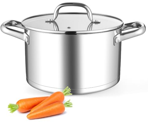 Leonyo 18/10 Stainless Steel Stock Pot, 6 Quart Heavy Duty Induction Cooking Pot with Visible Lid for Pasta, Soup, Vegetable, Tri-Ply Bottom Stockpot for Canning, Boiling, Simmer, Dishwasher Safe