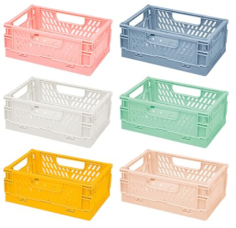Guidre Aufbewahrungskorb faltbar 6 Stk. Plastik Klappbox Set bunt tragbar | perforierte Seiten, mehrfarbige Pastellfarben, 15x9,7x6 cm, für kleine Gegenstände, organisieren Küche, Bad, Büro & Zuhause