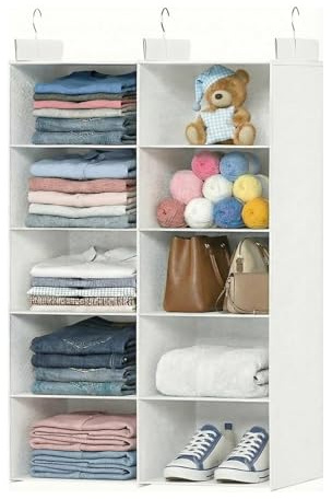 ALLTIDYUP Organizador de armario colgante de doble fila de 5 niveles, estantes de almacenamiento de ropa de 10 bolsillos con 3 ganchos resistentes para organización de ropa, artículos esenciales de