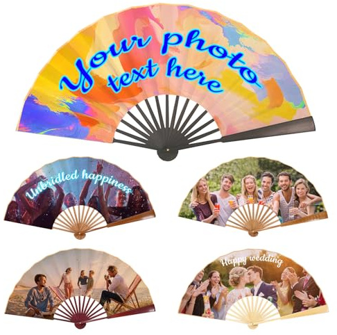 Personalisierter Faltfächer, Handfächer mit Foto & Text, Fächer für Line Dance, Hochzeit, Rave, Konzert, Cosplay, Saloon, Deko-Fächer für Damen & Herren