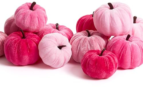 XIANNVXI 12 Pcs 3 Colours Small Velvet Pink Pumpkins for Halloween Home Decor Artificial Fake Faux Fabric Foam Pumpkin for Halloween Decorations Indoor Outdoor Party Decoration Thanksgiving