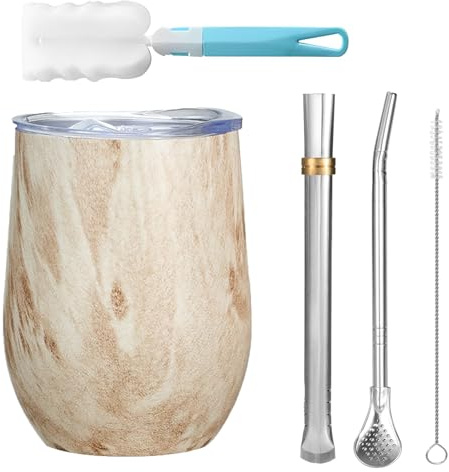 Tazze Mate In Acciaio Inox, 360 ml Set di Tazze Mate, Riutilizzabile Tazza Matee, con Spazzola per la Pulizia e Cannuccia, Acciaio Inox a Doppia Parete al Calore Tazza Mate(Colore Legno di Pino)