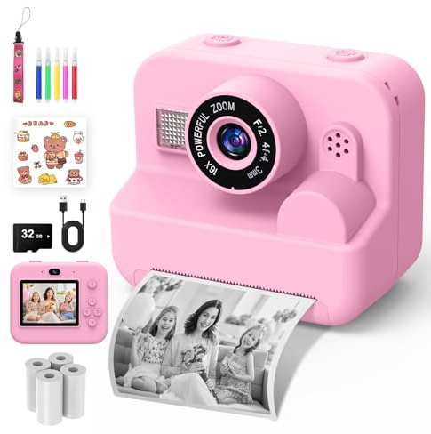 Macchina Fotografica Bambini Istantanea - 1080P 2.4 Selfie Fotocamera Bambini con Carta da Stampa e 32GB Scheda, Giocattolo Regalo Natale Bambino e Bambina 3-12 Anni (Rosa Chiaro)