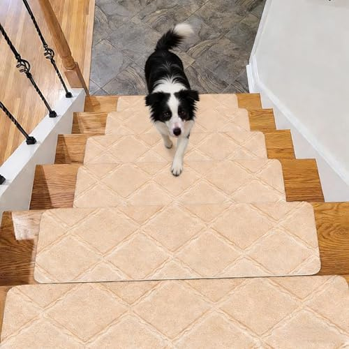 MeYuxg Tappeto per Scale Interne Autoadesivi, 15 Pezzi Antiscivolo Tappeto Scale Interne Ritagliabili, Riutilizzabili, 55 x 19 cm, per Proteggere Animali Domestici, Anziani e Bambini (Beige)