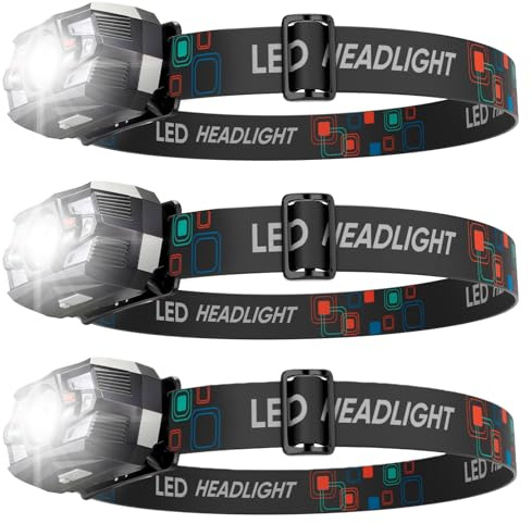 LeKaufen Confezione da 3 torce da testa a LED ricaricabili, 2000 l, 5 modalità con sensore di movimento, impermeabile, lunga durata della batteria, torcia da testa leggera per corsa, pesca, campeggio
