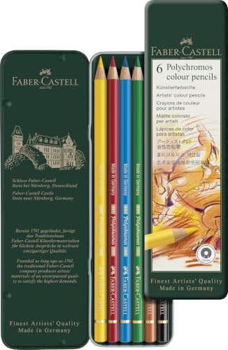 Faber-Castell - Polychromos Buntstifte, 6 Farben im Metalletui | Künstlerfarbstifte mit 3,8 mm Mine, lichtbeständigen Pigmenten und weichem, sattem Farbauftrag