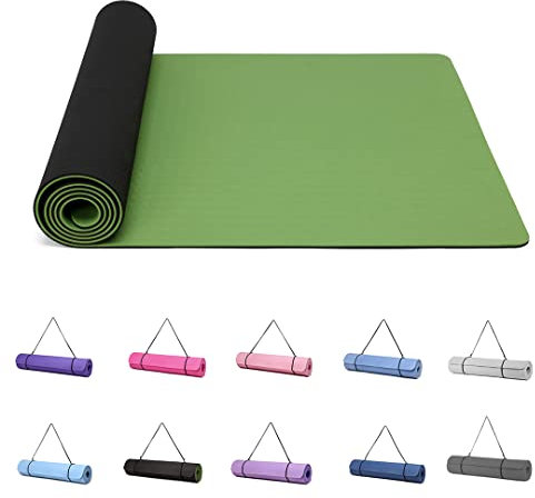 Good Nite yogamatta, 6 mm tjock, halkfri, högdensitets-TPE, träningsmatta för kvinnor män, gymnastik, pilates, fitness, med bärrem, grön/svart