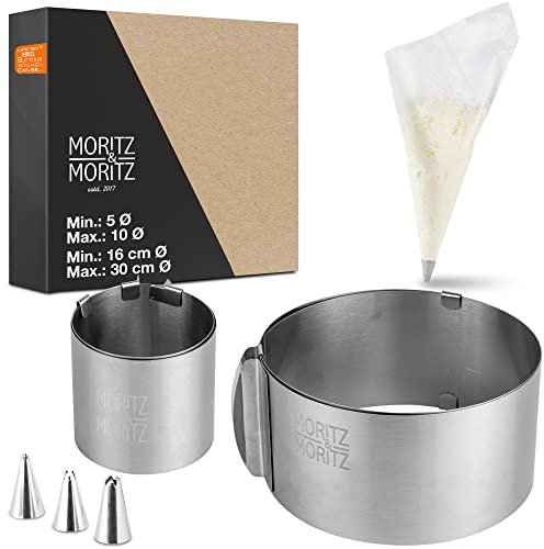 Moritz & Moritz Backrahmen Set Rund Ø 5-10x5cm & Ø 16-30x8cm – 2x verstellbare Edelstahl Backringe mit Backzubehör – Mit 10 Spritzbeuteln und 3 Aufsätzen