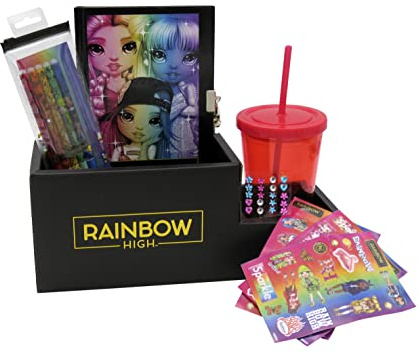 CYPBRANDS Rainbow High - Set regalo, include organizer da tavolo, bicchiere con cannuccia, 3 fogli di adesivi, 20 gemme adesive, set di 5 penne gel, prodotto ufficiale (CyP Brands)