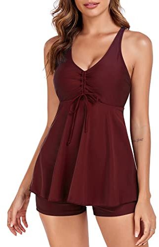 FLYILY Dam Tvådelad Baddräkt Blommigt Tryck Tankini Med Push Up Magkontroll Bantning Och Pojkshorts, Winered, XL