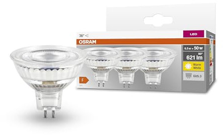 Osram LED-Reflektorlampen MR16 mit Retrofit-Stecksockel, 50 Watts Ersatz, GU5.3, MR16 reflector, 2700 Kelvin, Warm weiß, Klares Glas, 3-er Pack