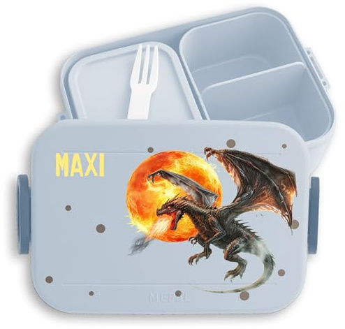 Kinder Bento Box Midi Lunchbox Mepal Bentobox - Drache - Brotdose mit Drachen für Jungen | Personalisierbar mit Namen | Geschenk für den Schulstart und Kindergarten - 900 ml - Hellblau - schule