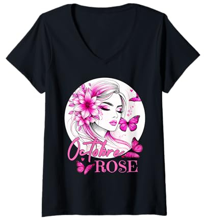 Femme Octobre Rose 2026 Sensibilisation Cancer du Sein Ruban Rose T-Shirt avec Col en V