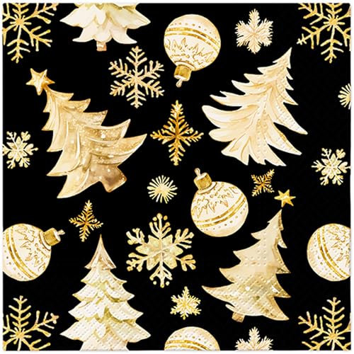 Lot de 20 serviettes de table - Décorations de Noël dorées sur noir - Serviettes en papier avec motif - Convient également pour le découpage et la technique des serviettes - 33 x 33 cm
