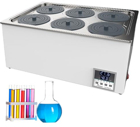 Bagnomaria da laboratorio termostatico digitale, bagno riscaldante scientifico con riscaldatore elettrico, rivestimento in acciaio inossidabile con display digitale e coperchio protettivo ( 6Hole)