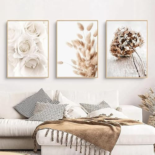 Pintura de decoración de arte moderno, estilo bohemio, flor beige de plantas, cartel de decoración natural, pintura de impresión de pared de fondo para sala de estar, sin marco (A 6,40 x 60 cm x 3)