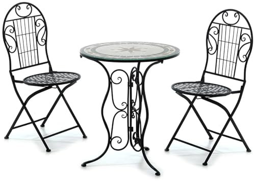 Tavolo da Esterno con Sedie Pieghevoli in Ferro Battuto Piano in Vetro con Decoro Mosaico Colorato terrazzo balcome giardino