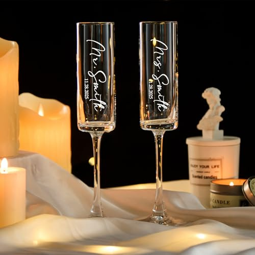 Personalized Wedding Champagne Flutes for Bride & Groom, Set of 2, 6oz – Custom Engraved with Names & Icons – Stunning Wedding, Engagement, Anniversary, or Bridal Shower Gift