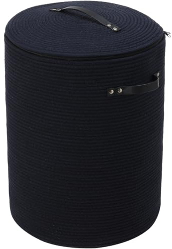 Cottonphant Extra Large Cotton Rope Storage Basket with Lid and Zipper, Versatile Laundry Hamper and Cloth Bin for Clothes, Towels, Blankets, Living Room Organization (All Deep Blue, 16x20)