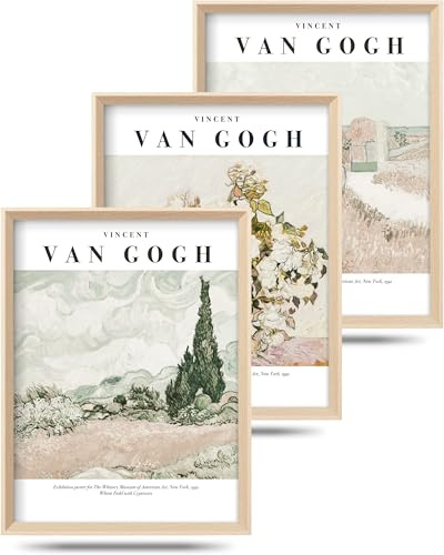 HesenDot A3 Van Gogh Landschaft Wandbilder mit Holzrahmen, 3er Set | 30x40cm Klassischer Kunststil Leinwanddruck, Elegante Gerahmte Bilder Wanddeko für Wohnzimmer Schlafzimmer Büro Flur Galerie