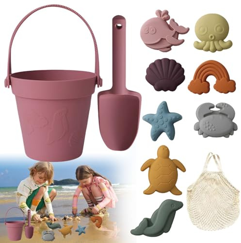 RNPKZ 11 Stück Sandspielzeug Set für Kinder, Sandspielzeug Set aus Silikon, Weich Silikon Strandspielzeug Set mit Eimer,Netzbeutel,Sandformen, Weichem Kunststoff Spielzeug Strand für Outdoor Spielzeug