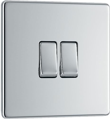 BG Electrical Double Wall Light Switch, 2 Way, Screwless Front Plate, Slim Profile, Premium Flatplate, Polished Chrome, 20A, 16AX, FPC42