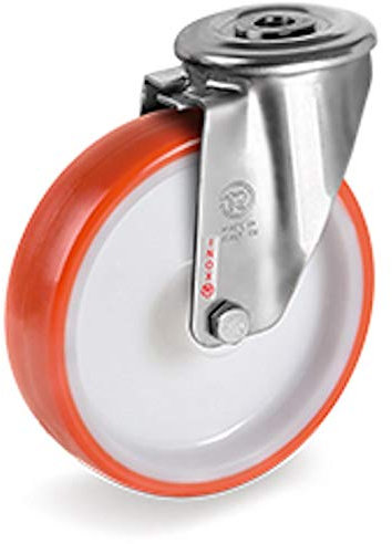 Roulette à oeil INOX pivotante diamètre 125 mm roue polyuréthane rouge - 220 Kg
