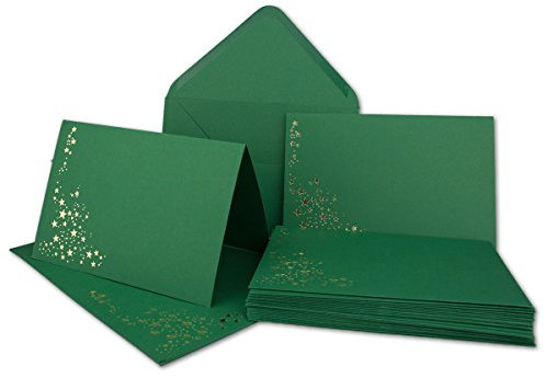 10x Faltkarten-Set mit Umschlägen DIN B6 - Dunkelgrün (Grün) mit goldenen Metallic Sternen - 11,5 x 17 cm - bedruckbar - Ideal für Weihnachtskarten