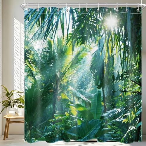 LB Duschvorhang Anti Schimmel,Grün Wald Badezimmer Deko,180x180cm | Duschvorhang Badewanne,Duschvorhänge Tropisch Blatt Pflanzen,Waschbar Stoff,Wasserdicht,12pcs Duschvorhang Haken