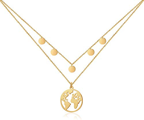 GD GOOD.designs Weltkugel Kette Silber,Gold und Rosegold, mit Plättchen Mehrreihig für Damen - Wasserfest I Layering Halskette mit Weltkarte und Coins I Welt Travel Doppelkette