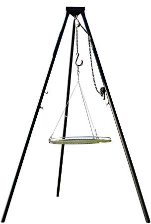 Massives 180 cm Stahl Dreibein Benny + Ø 55 cm EDELSTAHL Grillrost V2A | nur 10 mm Stababstand / Schwenkgrill für Gulaschkessel Gulaschtopf Schwenker / Grillclub / deutscher Fachhändler