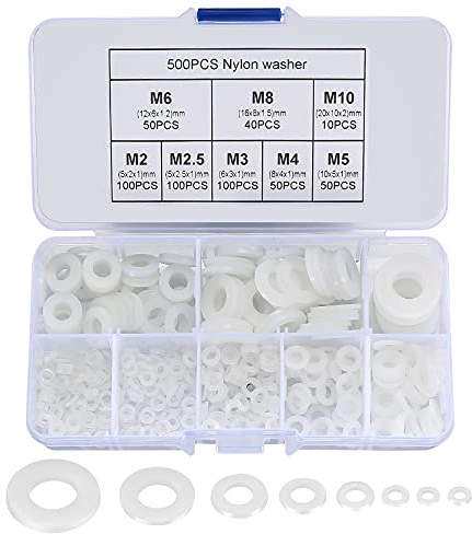 Unterlegscheiben aus Nylon, flach, rund, Kunststoff, Unterlegscheiben, sortierte Unterlegscheiben, Dichtungen für Schrauben, Bolzen – weiß, 5–20 mm, M2/M2,5/M3/M4/M5/M6/M8/M10, 500 Stück