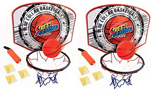 Koolbitz Wall Mounted Basketball Hoop Set 2-Pack - 12Pcs No-Drill Hoops with Self-Adhesive Hooks, Includes 2x Backboards, Balls and Pumps, Indoor/Outdoor Toy for Boys and Girls Ages 3+ Years