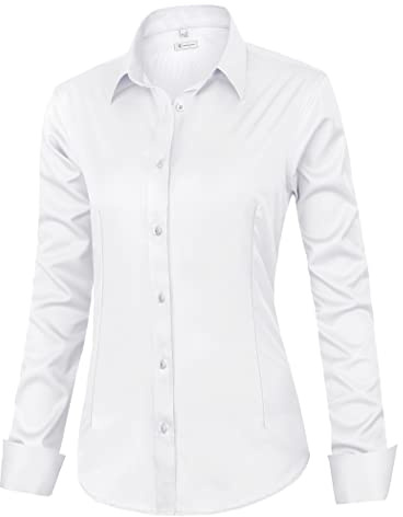siliteelon Womens Classic-Fit Dress Shirts Long Sleeve Button Down Wrinkle-Free Stretch Solid Casual Work Office Blouse Top White Small