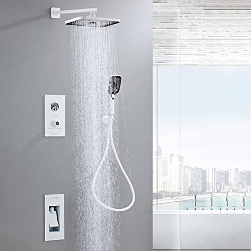 Yalsfowe Thermostatisches Duscharmatur-Set weiß, Unterputz Duschsystem mit Temperaturanzeige, Regenduschkopf mit Handbrause, Wannenauslauf, Badewannenarmatur