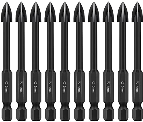 10PCS Glass and Tile Drill Bit, 6 mm Masonry Drill Bits Set 1/4 Hex Shank Concrete Drill Bit Set Porcelain Tile Drill Bits for Glass Mirrors Porcelain Concrete Brick Wall Wood Aluminium