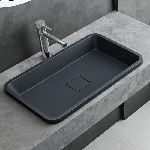Mai & Mai Waschbecken 60x38x12cm aus Mineralguss Einbauwaschbecken | Waschtisch in Anthrazit matt mit Ablaufabdeckung ohne Armaturenloch Colossum104