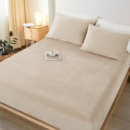 Lanqinglv Flanell Spannbettlaken Bettlaken 160x200 cm bis 25-35 cm Steghöhe Boxspringbett Topper Flauschige Warme Samt Boxspringbett Spannbetttuch Leintuch Cashmere Touch,Haferflocken Beige