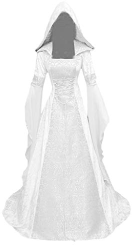Abito invernale a maniche lunghe, vintage, maxi abito da donna, lungo, in pizzo medievale, a maniche lunghe, per feste e cosplay, con cappuccio, stile gotico, bianco, S