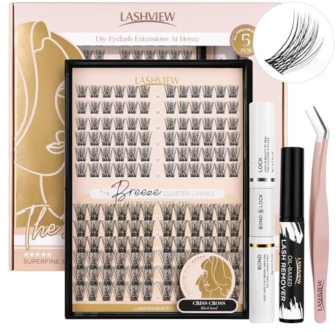 LASHVIEW DIY Wimpernverlängerungs-Set, Wimpern-Cluster mit Wimpernbindung und Dichtung, Mascara-Bürsten-Cluster-Lash-Kleberentferner, Wimpernapplikator und Reise-Wimpernzange für