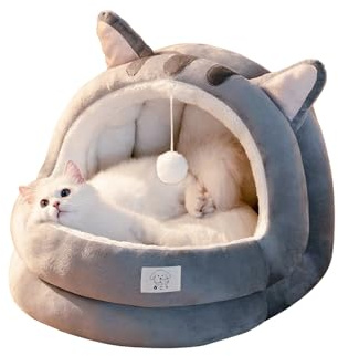 Galatée Süßes Katzenbett, Innenkatze Bett Mit Abnehmbarem Kissen, Haustier-Plüsch-Zelthaus, Cartoon-Ohr-Design, Haustierbett Mit Hängendem Plüschball, Super Weiches Haustiersofa Bett(M, Grau)