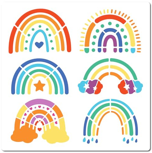 GORGECRAFT 30x30cm Regenbogen-Schablone 6 Stile Regenbogen-Wolken-Vorlage Regentropfen Sonnenstern-Muster Wiederverwendbare Kunststoff-Schablone Zum Malen Auf Holz Wand Möbel Fliesen Leinwand DIY