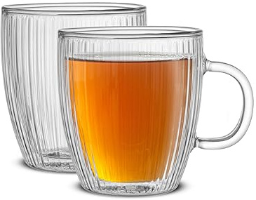 JoyJolt Fluted Glass Coffee Mugs, 13.5oz Set of 2, Double Wall, Insulated, Clear, Large, Reusable, Microwave & Dishwasher Safe