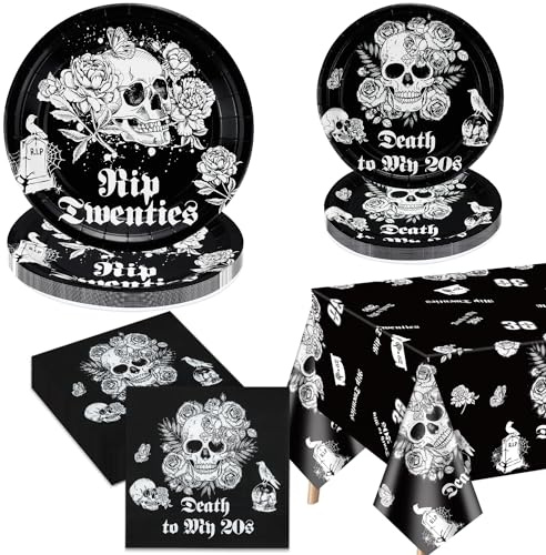 Death To My 20 Birthday Decorations - Black 30th Birthday Decorations Including Rip to My 20s Paper Plates, Napkins, Skull Tablecloth for Halloween Party